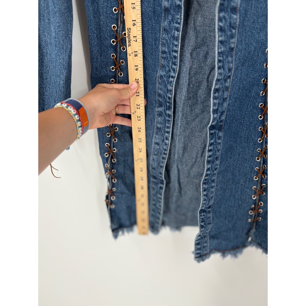 Ethyl Denim Duster Jacket Medium Wash Lace Up Frayed Hem Boho Western Size M - Picture 3 of 6